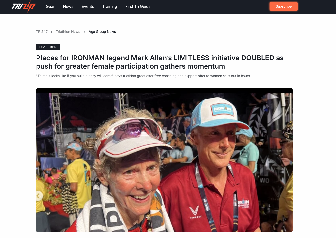 News coverage of the Limitless triathlon initiative with Mark Allen